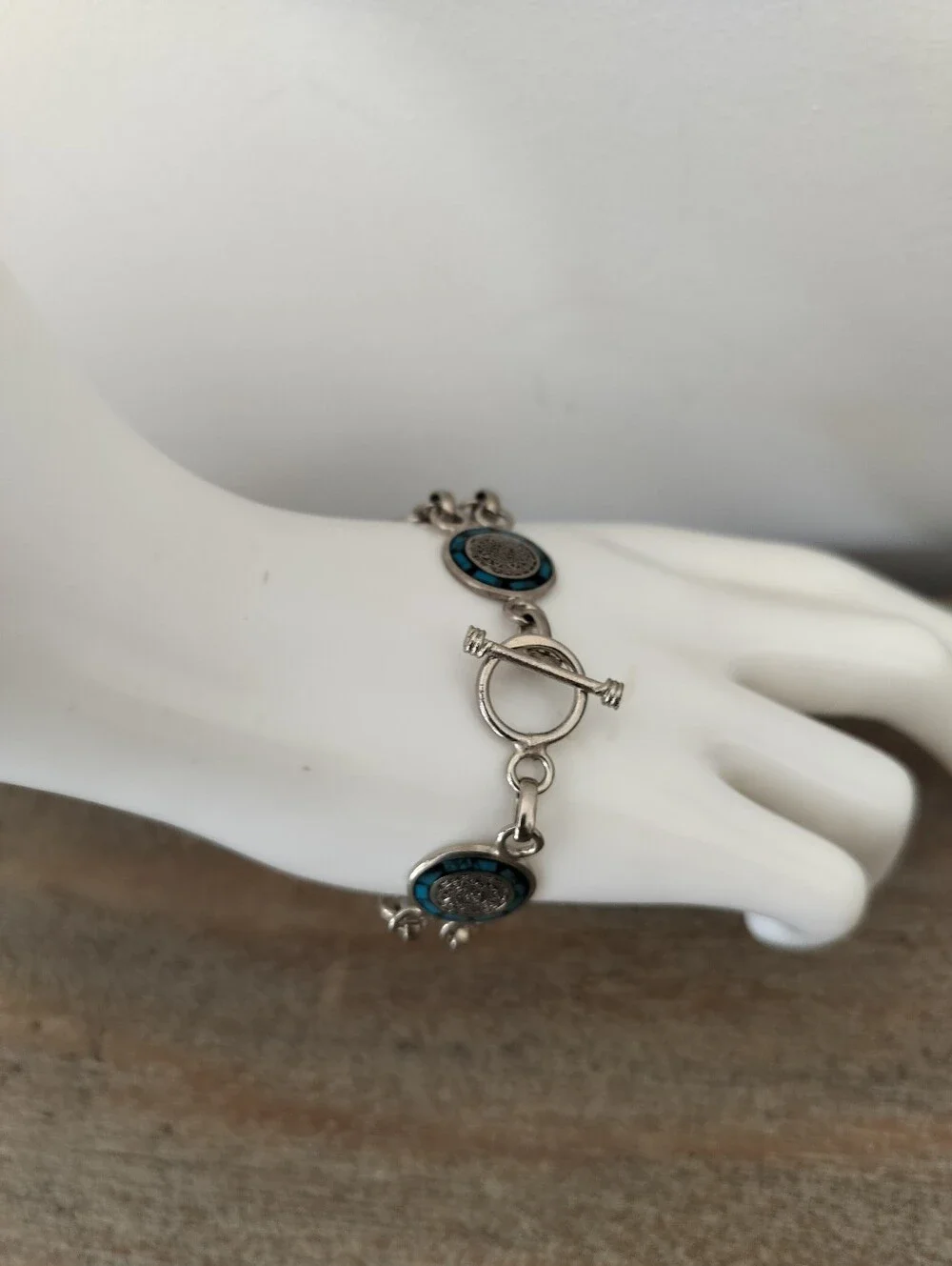 925 Mexican Sterling Silver Blue Enamel Link Bracelet